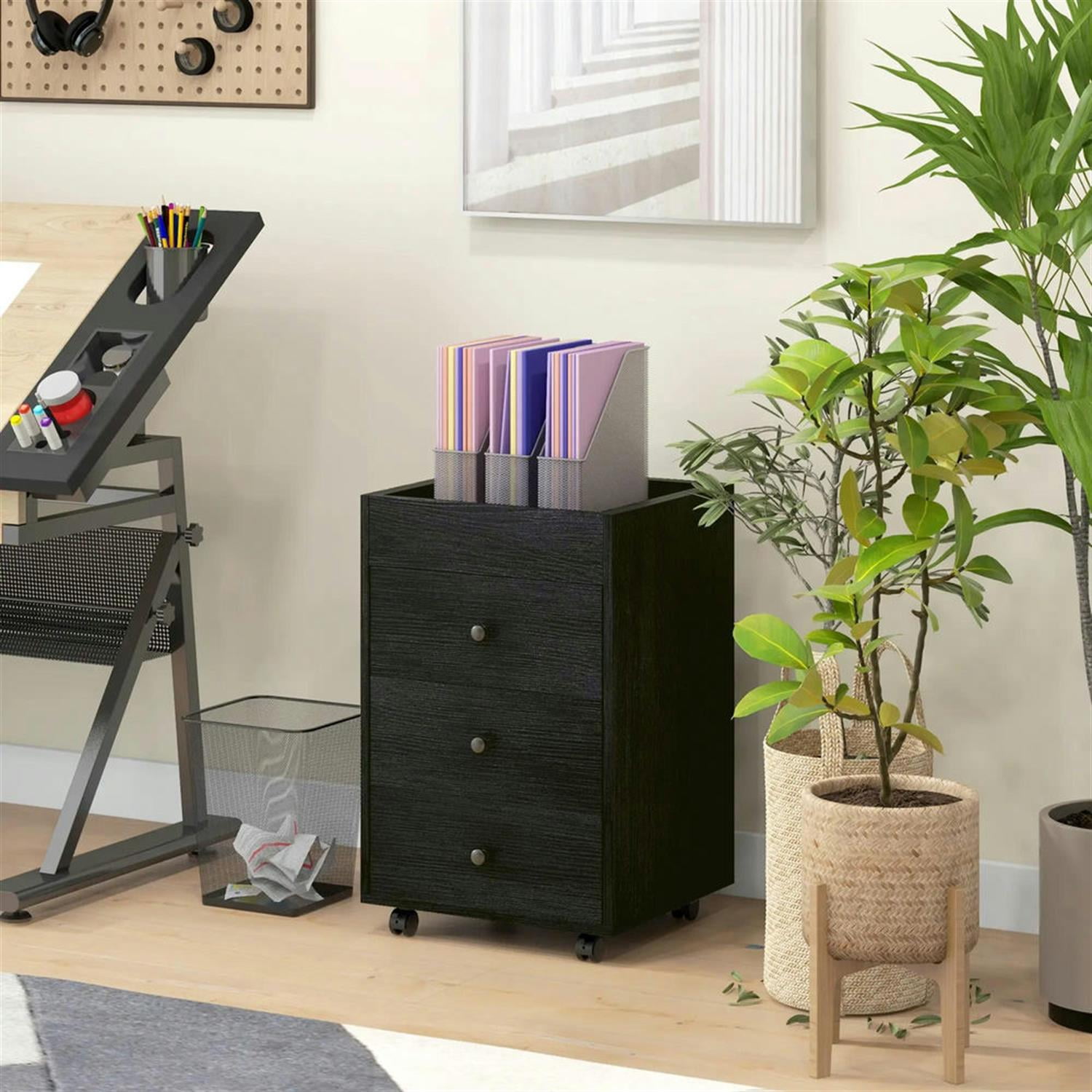 Demi Bonn Rolling Filing Cabinet with Castors, Modern 3 Drawer File Cabinet with Top Tray Under for Home Office, Desk Printer Stand, Brown