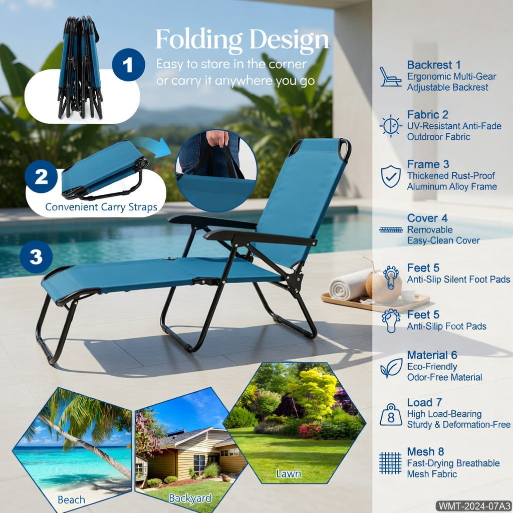 Hommoo Adjustable Beach Chaise Lounge Chair with Face Hole, Removable Pillows & Foldable Design, Blue