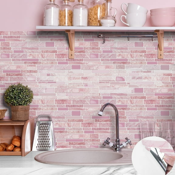 12Piece Pink Marbling 3D Tiles Stickers 4.72 x 9.68inch DIY Decor Wall Decals Self Adhesive Waterproof Peel and Stick Kitchen Backsplash