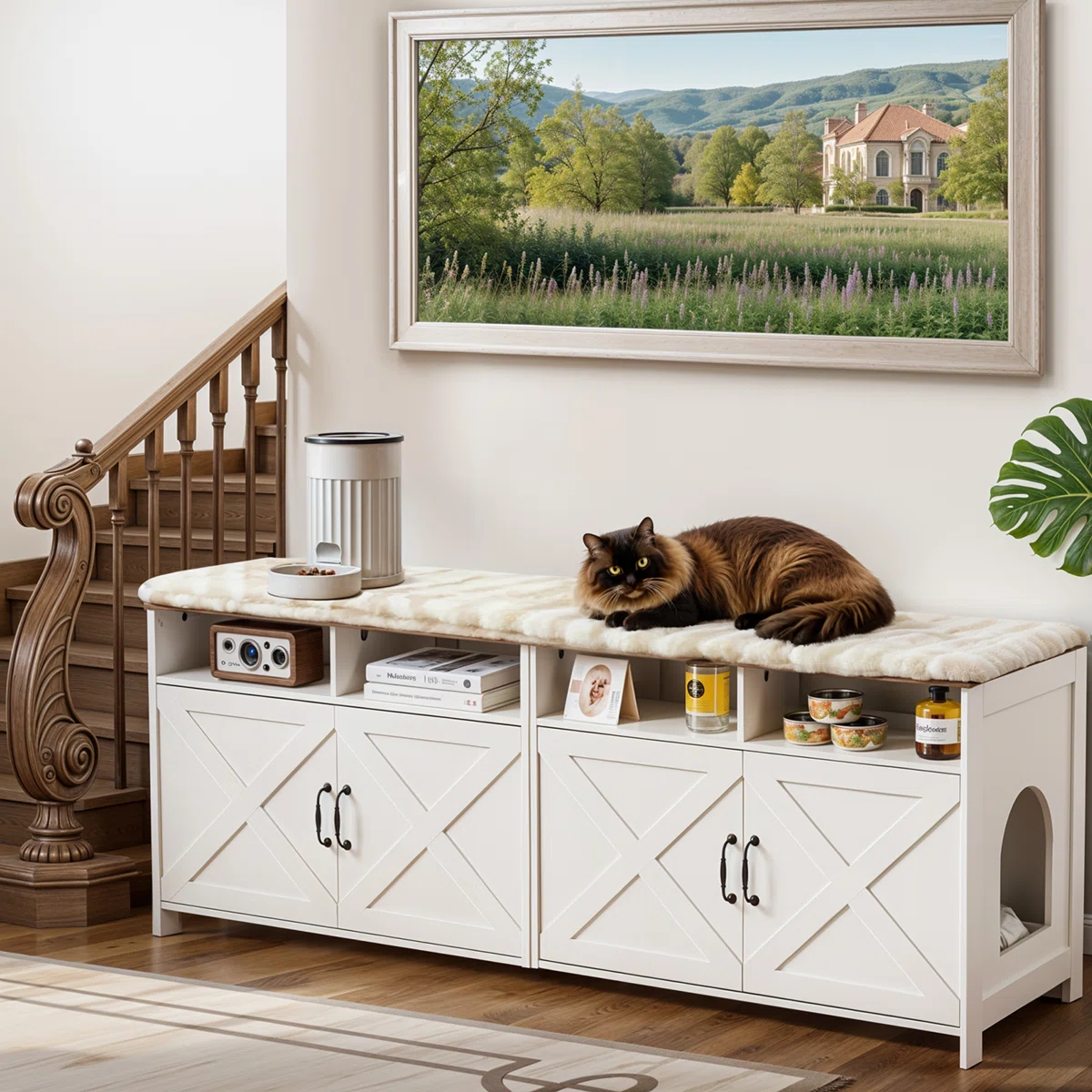 JanflyHome Hidden Litter Box Enclosure & 63"W TV Stand Furniture & Double Litter Box For 2 Cats, Farmhouse Inclosed Litter Boxes For Cats with Outlet Power
