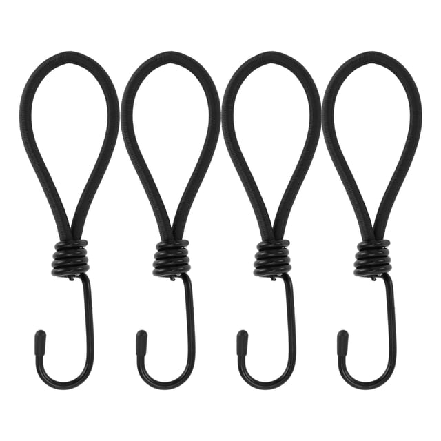 4 Pcs Correas Elásticas con Ganchos de Metal, Ganchos de Cordón con Capucha Protectora para Tiendas de Campaña, Negro