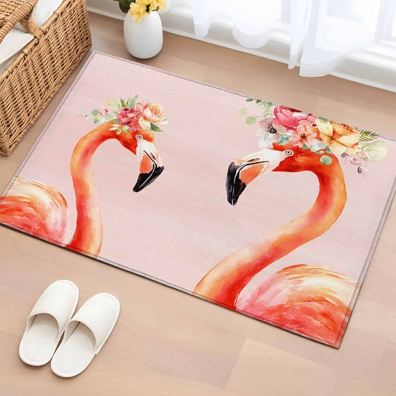 2x3 Ft Entryway Area Rug, Flamingo Birds Kitchen Rug Runner Washable Floor Mat, Pink Animals Floral Abstract Oil Painting Non Slip Indoor Door Mat Throw Carpet for Bathroom Living Room Bedroom