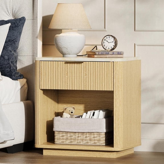 23.6" Fluted Nightstand, 1-Drawer Bedside Table with Open Shelf, Charging Station, Wide Modern End Table for Bedroom Living Room Sofa Office (A)