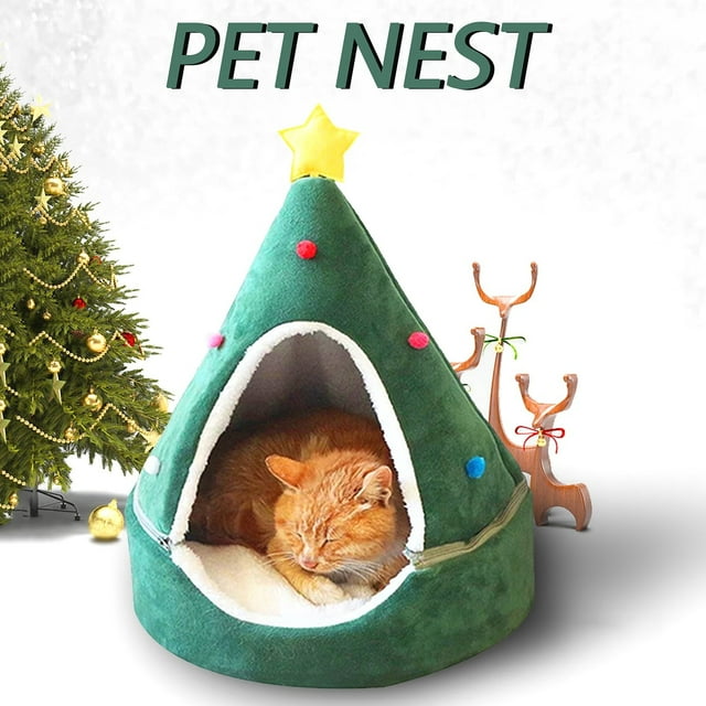 Caseta para perros con forma de árbol de Navidad | Caseta cálida para mascotas con funda extraíble y lavable | Tamaño mediano: 43 x 50 cm, para perros y gatos de hasta 10 kg