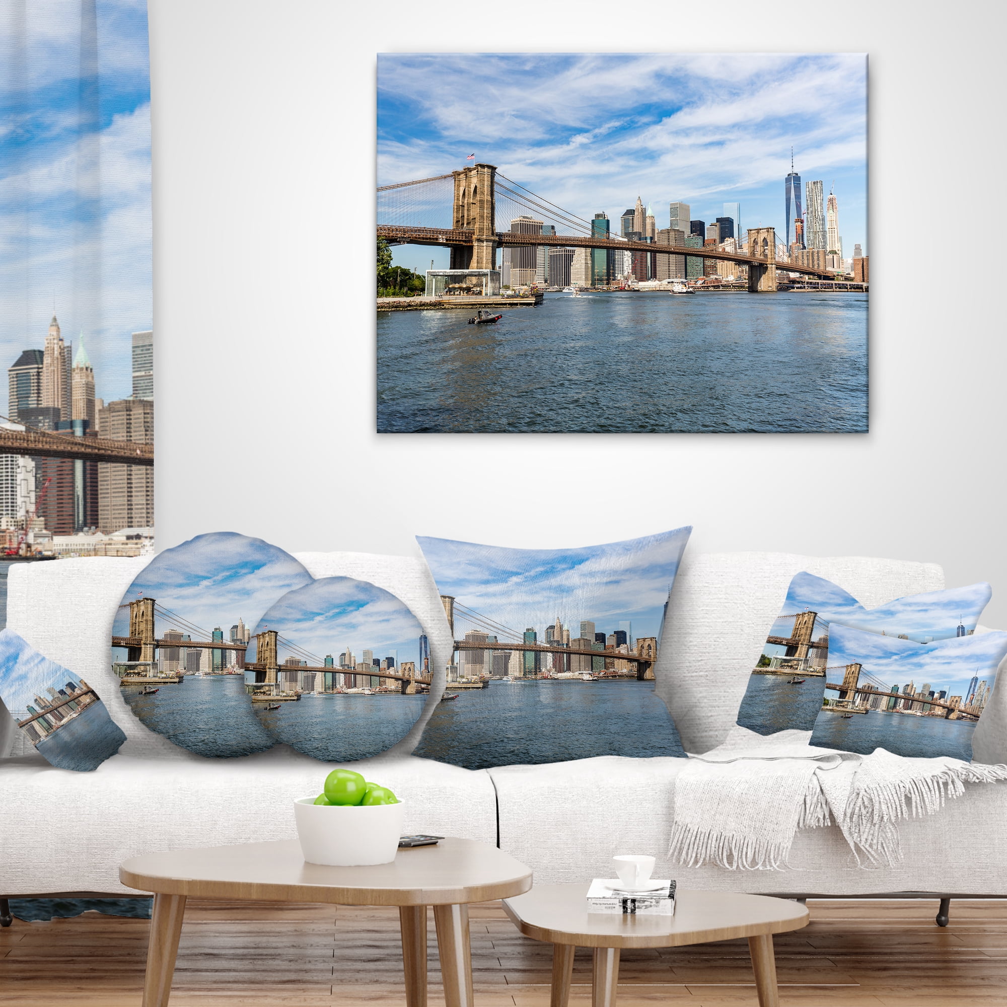Designart Summer Day Brooklyn Bridge - Cityscape Throw Pillow - 12x20