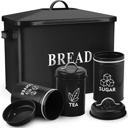 

Black Bread Box with Canister Sets for Kitchen Countertop Metal Storage Container Holder Jars for Modern Farmhouse Decor Vintage Style & Extra Large - Holds 2+ Loaves Sugar Coffee Tea