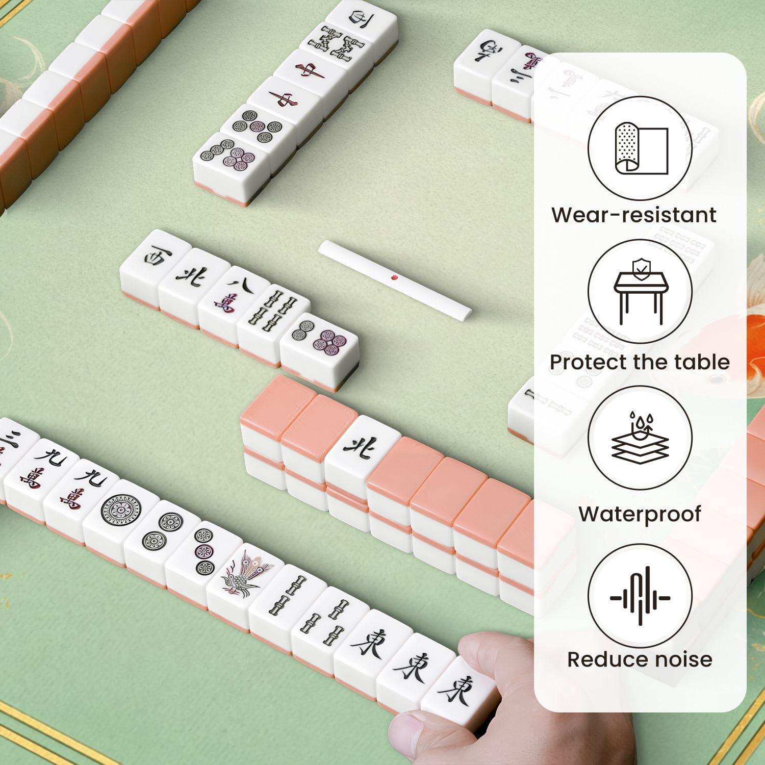 Mahjong Mat 31.5" x 31.5" Elegant Fish Gold Light Green Non-Slip Noise Reduction Mahjong Tiles Table Cover for Dominoes Poker Card Board and Tile Games