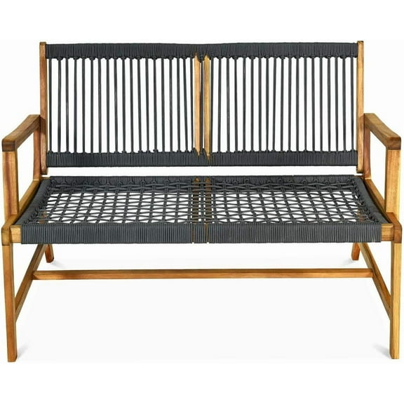 LDAILY Moccha Wood Rope Patio , Modern Outdoor Acacia Park Garden Patio Furniture, 2-Person Solid Wood Patio Loveseat, Knitting  with Armrest & Backrest