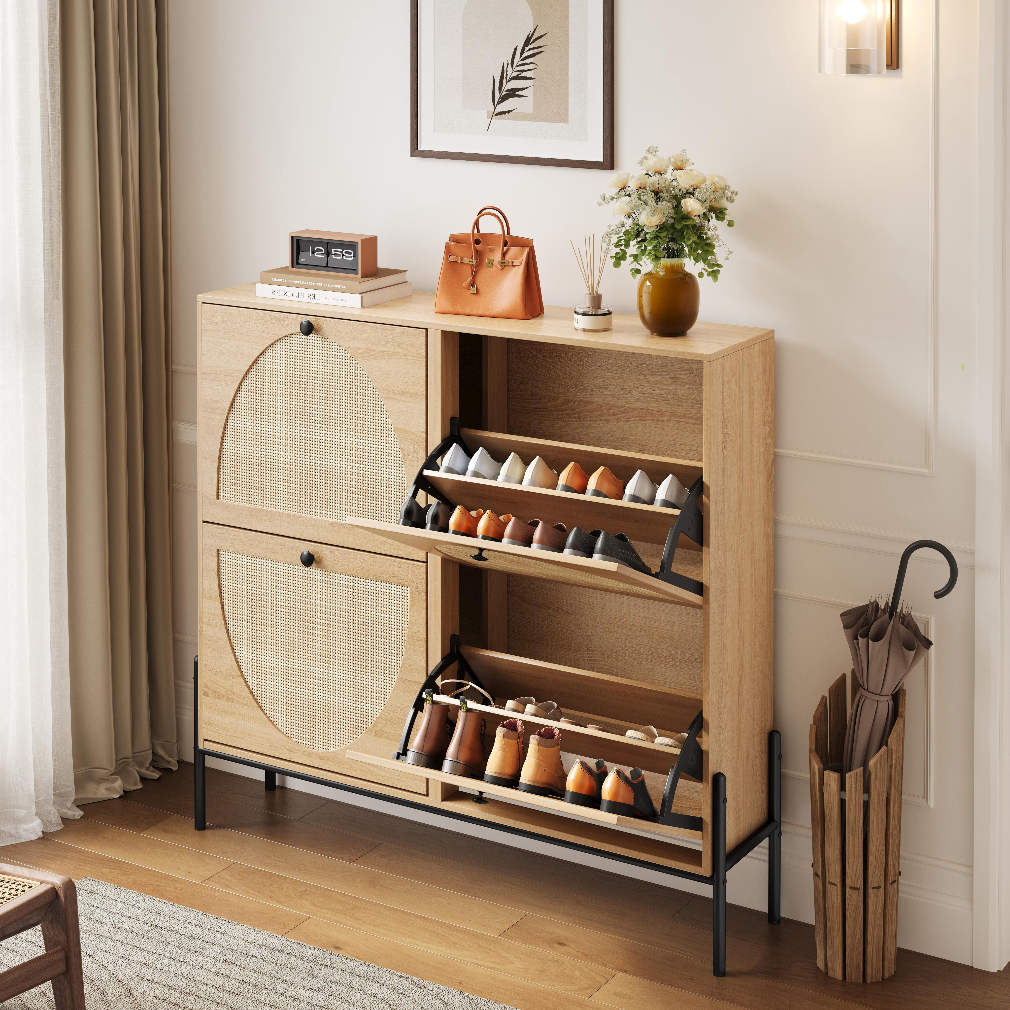 Space-Saving Rattan Shoe Cabinet with 4 Flip-Down Doors – Elegant Narrow Storage for Entryways & Hallways