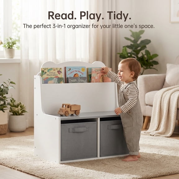 Kids Bookshelf with Storage Bins, Wooden Toddler Bookcase and Toy Organizer with Book Display Shelf, 2 Gray Fabric Bins, Bear-Shaped Backboard, White