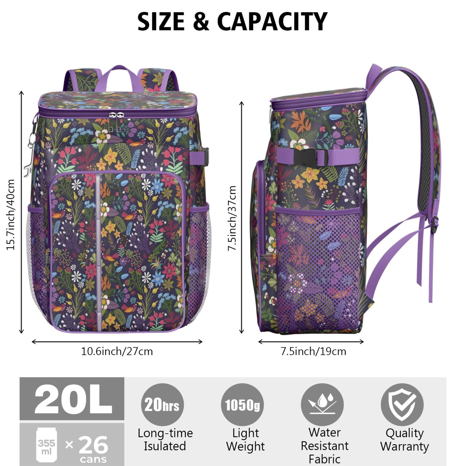 Travel Cooler Bag - Pioneer Flower Floral Print Pattern Camping Beer Cooler Backpack with Bottle Opener- Waterproof Insulated Picnic Backpacks - Cooler Bag for Beach