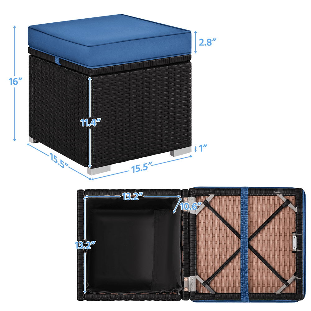 Renwick Wicker Patio Storage Ottomans with Cushions, Set of 2, Brown/Dark Blue