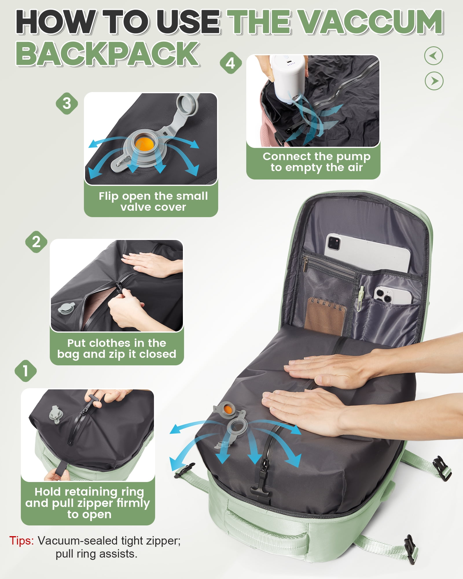 Vacuum Backpack for Travel, Vacuum Seal Carry on Backpack with Vacuum Compression, Travel Backpack with Pump for Women Men Airline Approved, Air Vacpack for Work College Daypack, Mint Green