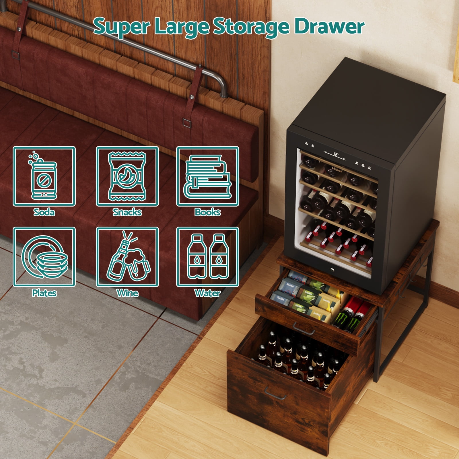 Advwin Heavy Duty Mini Fridge Stand with Storage, Mini Refrigerator Cart with Rolling Cabinet, Drawer & Lockable Wheels, Beverage Fridge Table for Dorm Home Office Bedroom, Rustic Brown