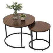 BIGTREE Modern Round Nesting Coffee Table Set 2 Pcs Solid Metal Frame Brown, Small