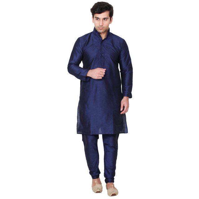 Ensemble Kurta-Pyjama en Soie Artistique pour Homme, Robe de Mariée, Vêtements Indiens (Bleu, M)