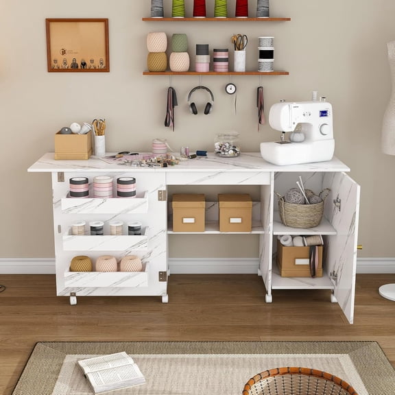 Montary 57.5" 4-in-1 Folding Sewing Table with Lockable Wheels and Cabinet - Multipurpose Craft Station, Computer Desk,Kitchen Storage & Side Desk with Compact Design for Apartments,White