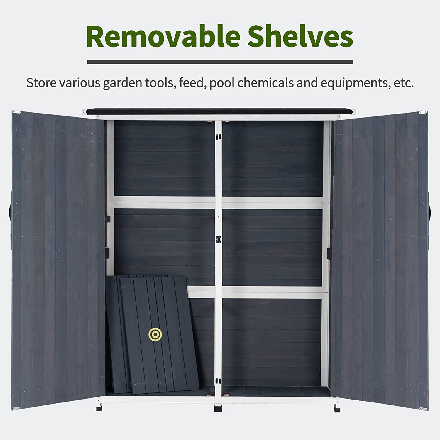 MCombo 64 inch Tall Outdoor Storage Cabinet with Shelves and Floor, Lockable Double Doors Garden Wood Tool Shed, Fir Wood