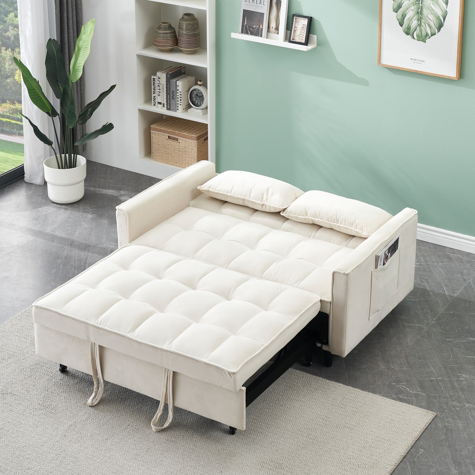 Gewnee 55''3 in 1 Convertible Modern Pull Out Couch Bed,Adjustable Backrest,Velvet Loveseat Futon Sofa with Pillows & Pockets for Living Room,Apartment.(Beige)