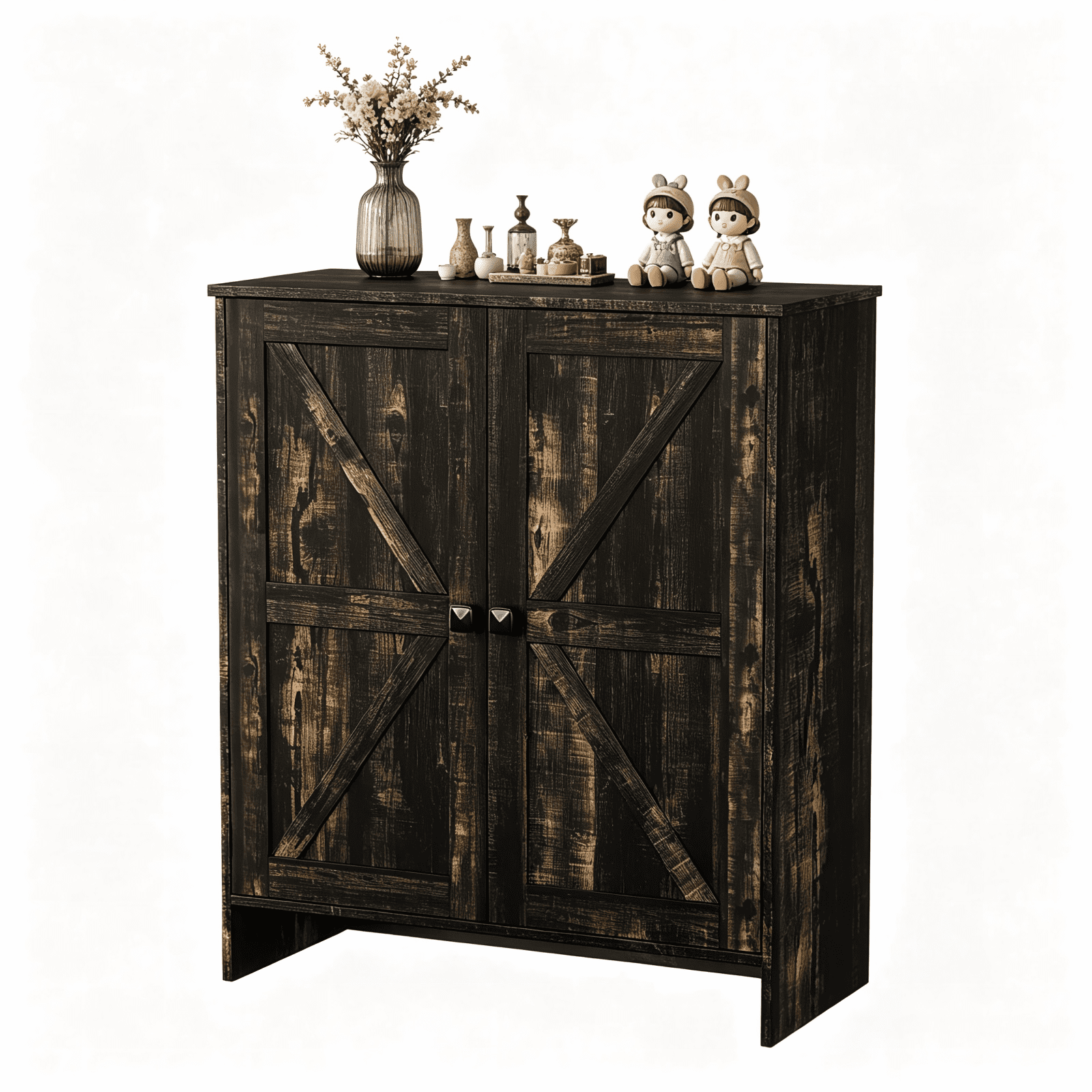 2-Door Barn Door Shoe Cabinet with Sliding Doors and Black Handles