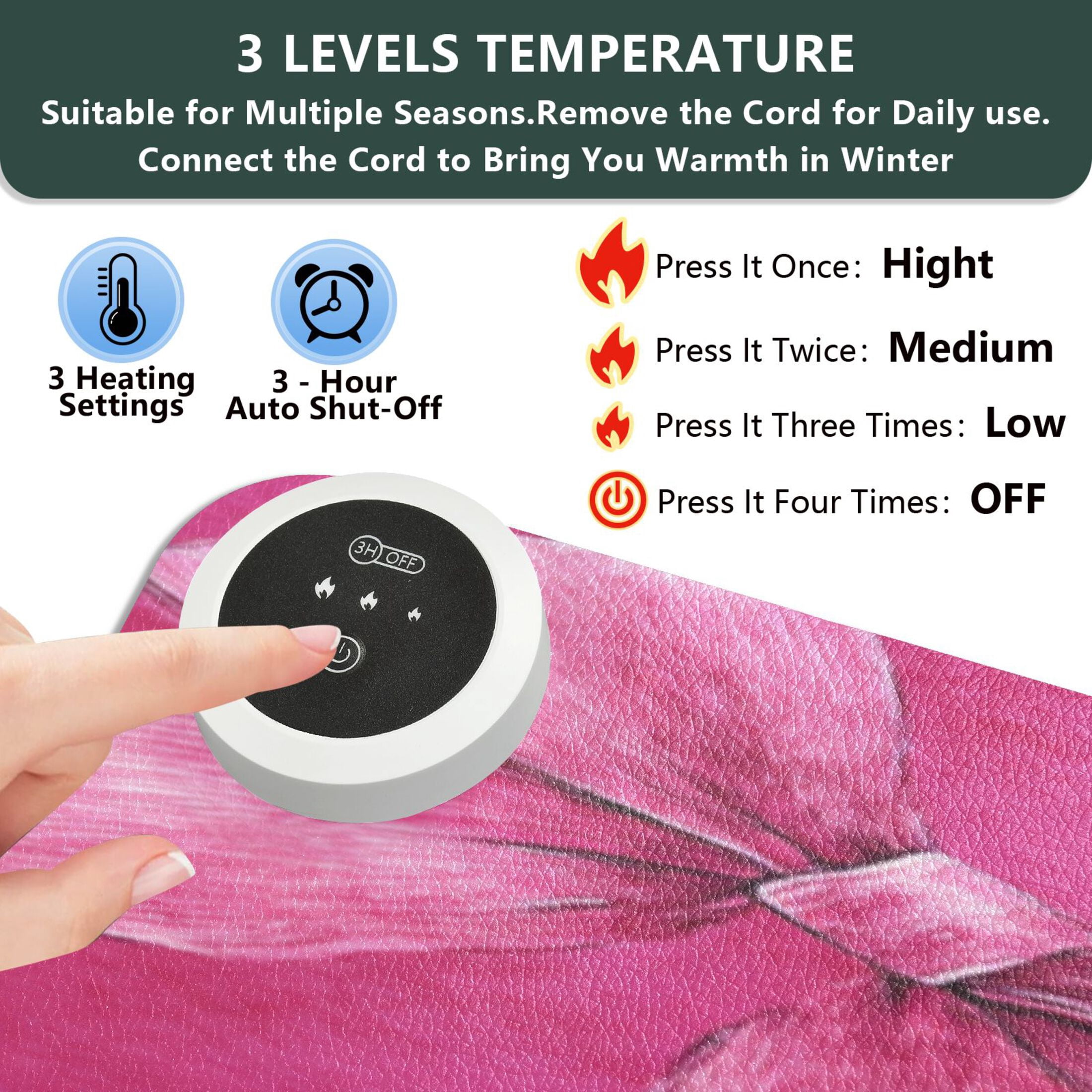 Large Heated Desk Mat Mouse Pad 31.5"x13"PU Leather Graphene Heating Desk Warmer with 3 Temperature Settings 110V US Plug Non-Slip Warm Pad for Home, Office, and Gaming Watercolor Beautiful Pink Bows