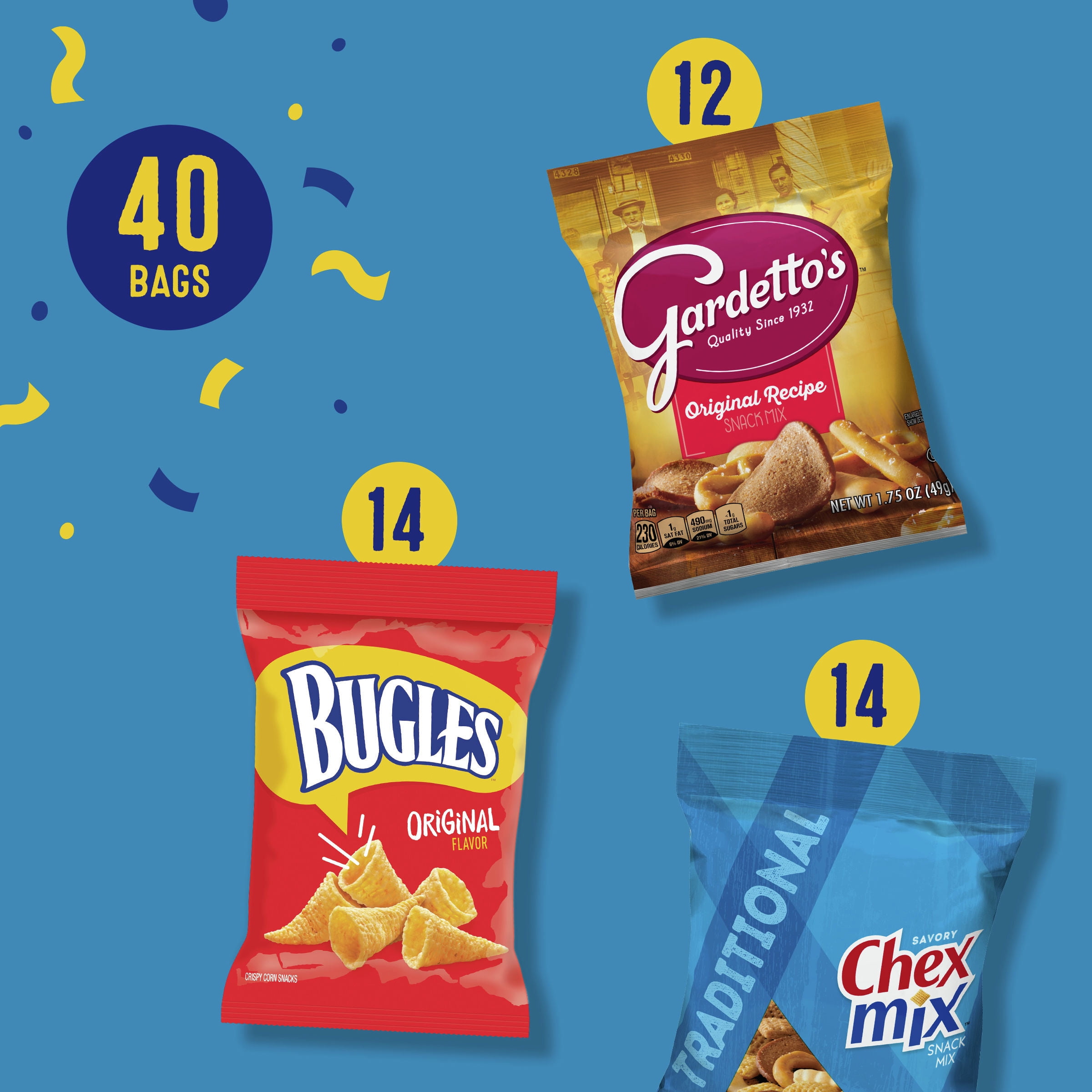 Bugles Chex Mix Gardetto's Family Favorites Variety Pack, Snack Bags, 40 ct