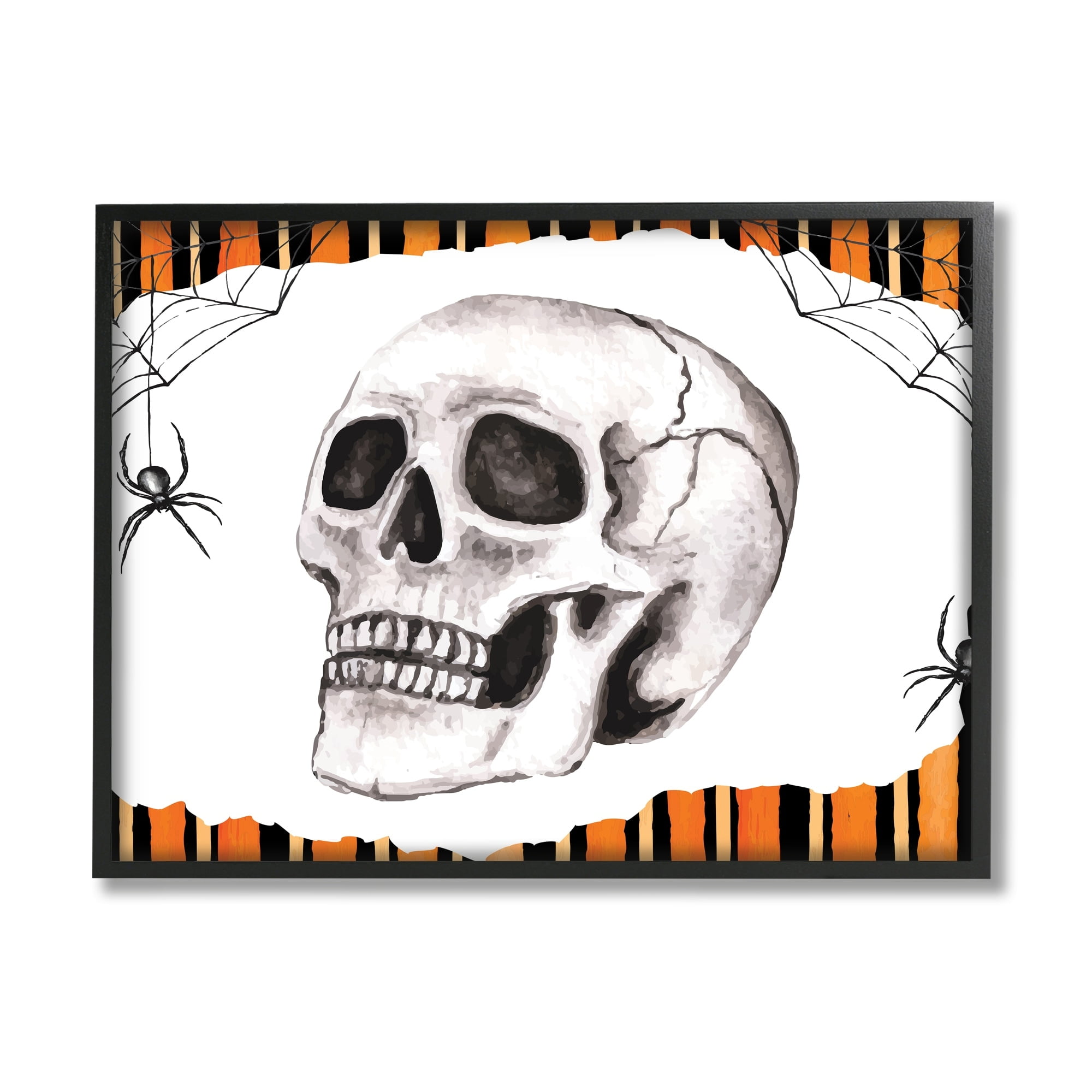 Stupell Industries Orange & Black Striped Skull Holiday Painting White Framed Art Print Wall Art