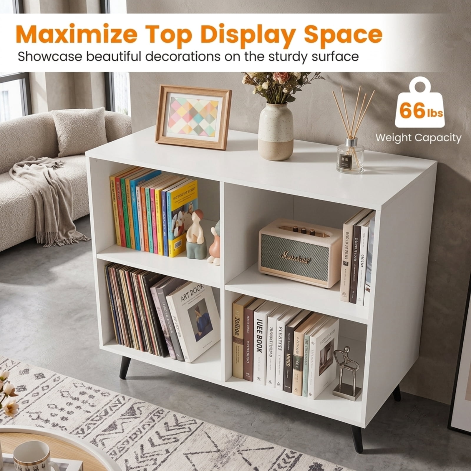 Furnibear 4 Cube Wooden Bookshelf Bookcase Desk with 5 Metal Legs and Enclosed Back for Home Office Living Room Storage, White