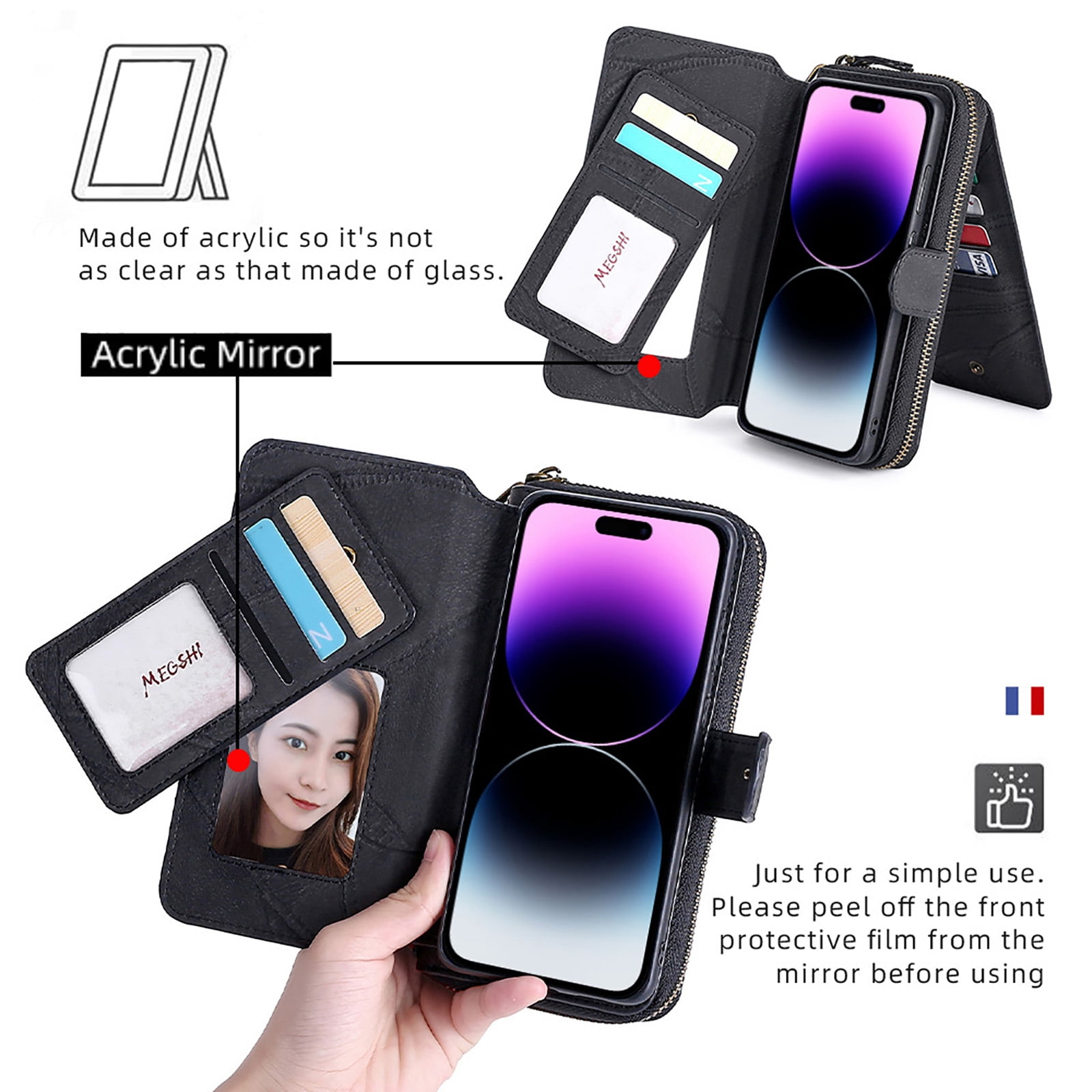 Compatible with iPhone 16e Wallet Case,Multi-Function Detachable 2 in 1 Magnetic,Flip Kickstand Strap Zipper Pocket Cash Slot Card Holder Purse Phone Case with Wrist Strap,Black
