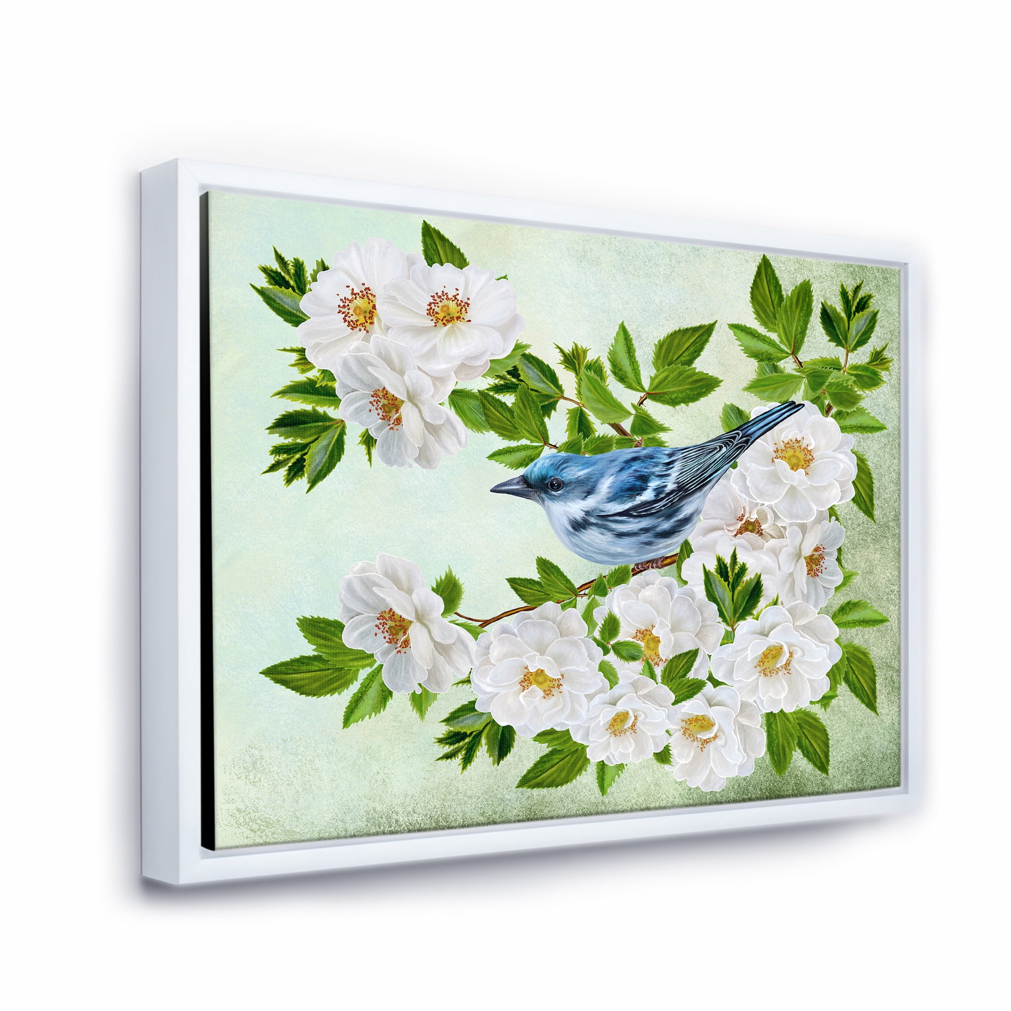 Designart 'Little Blue Bird Sitting On A Branch of White Rose Plant' Traditional Framed Canvas Wall Art Print
