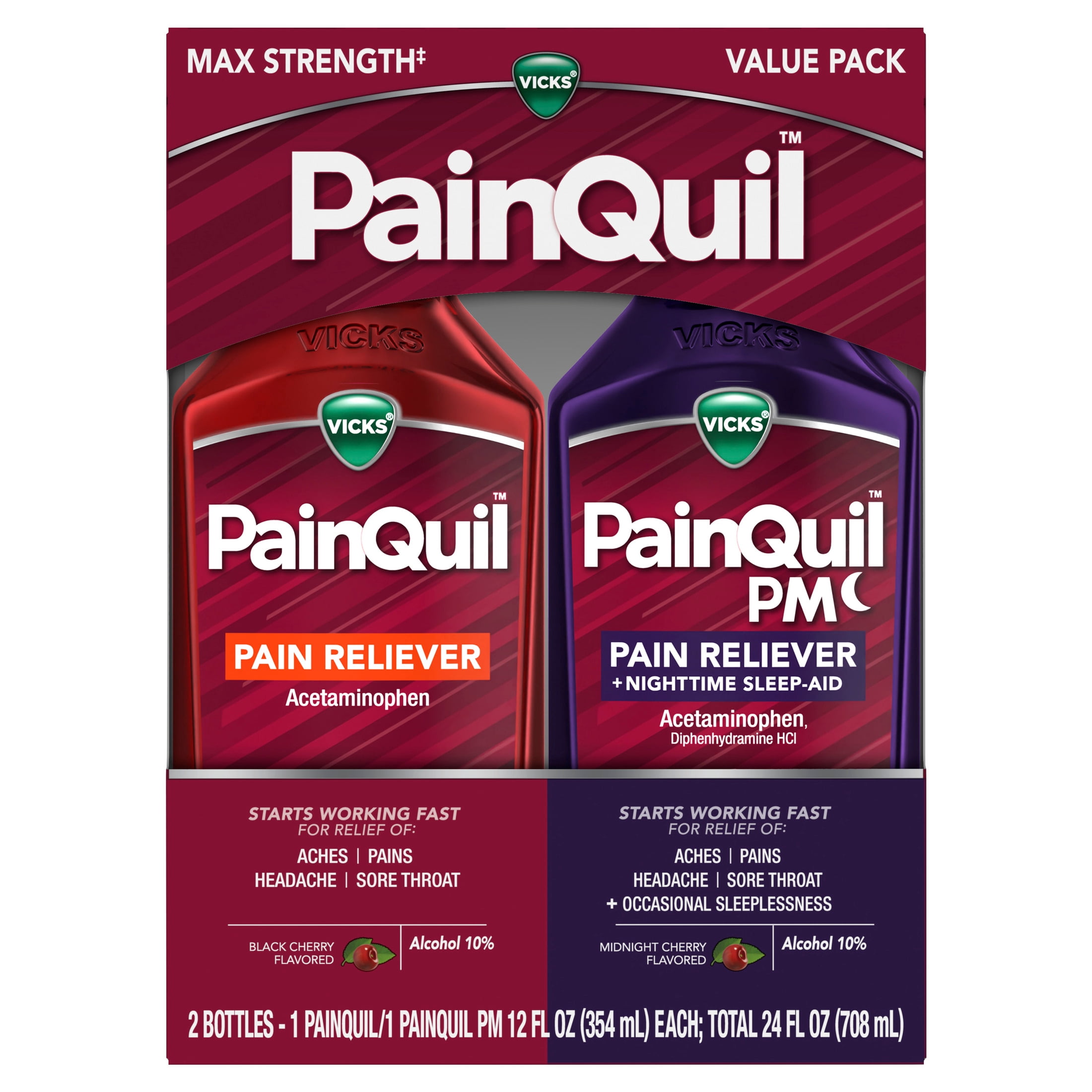 (3 pack) Vicks PainQuil Pain Relief Liquid Acetaminophen 1000mg Day/Night Combo 2x12 fl oz