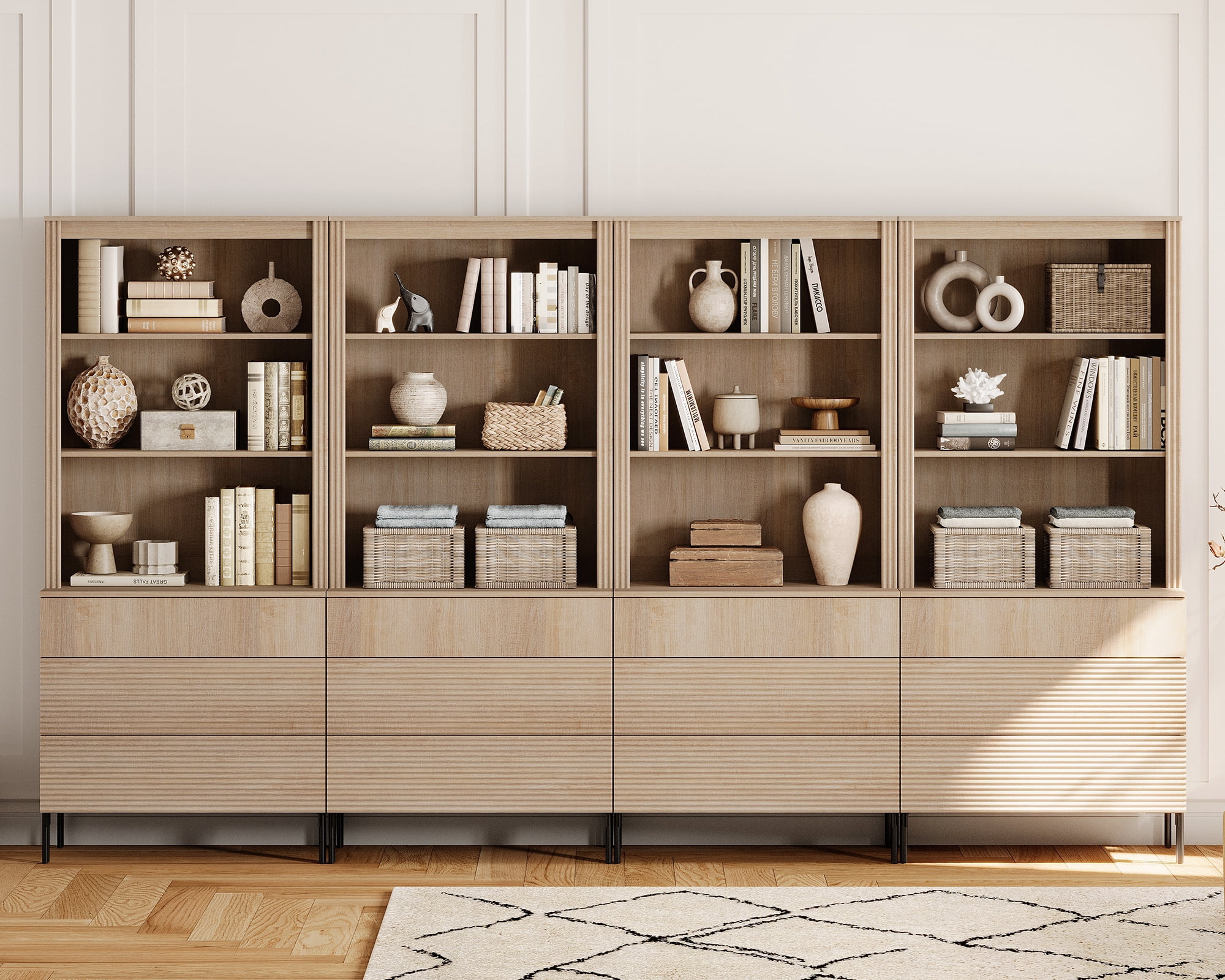 71.6"H X 126"W Set Of 4 Bookcase with Storage Cabinets, 12 Tier Bookshelf with Fluted Drawers and Adjustable Shelves, Large Modern Display Cabinet For Living Room Bedroom Home Office Kitchen