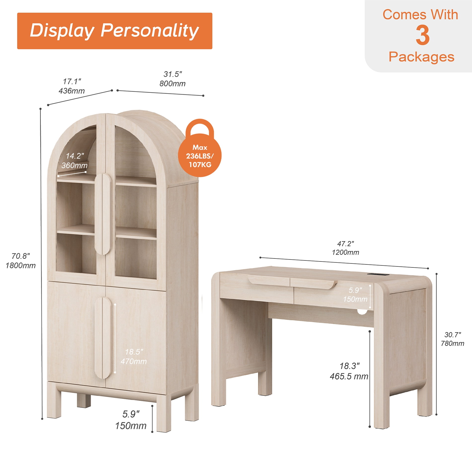 2 Piece Office Set, 47" Modern Executive Desk with Charging Station and Drawers & 71"H Tall 5-Tier Arched Bookcases with Glass Door for Living Room, Bedroom, Home Office