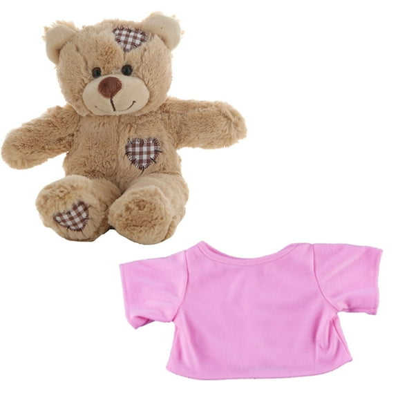 Plush Gear Brown Patches Bear 8" Soft Plush Toy with Pink T-Shirt - Cuddly Bear for Kids