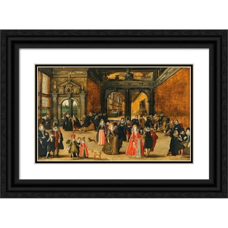 Workshop of Louis de Caullery 18x13 Black Ornate Wood Framed Double Matted Museum Art Print Titled - A Palace Interior with an Elegant Company