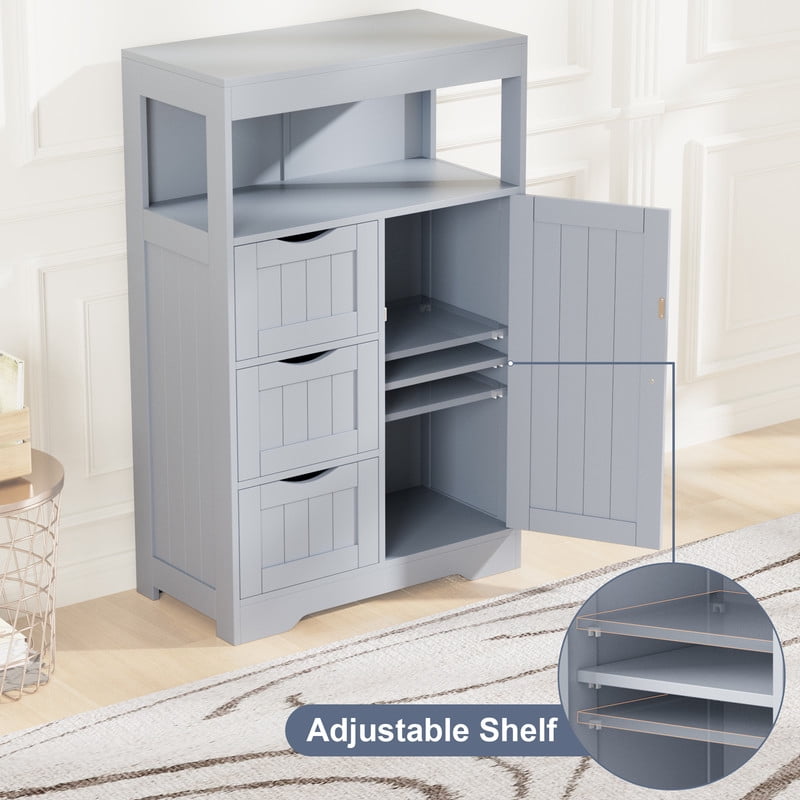 Lacoo Bathroom Floor Cabinet Wooden Storage Organizer with 1 Door, 3 Drawers & Adjustable Shelf Storage Cabinet for Kitchen Living Room Bathroom, Gray