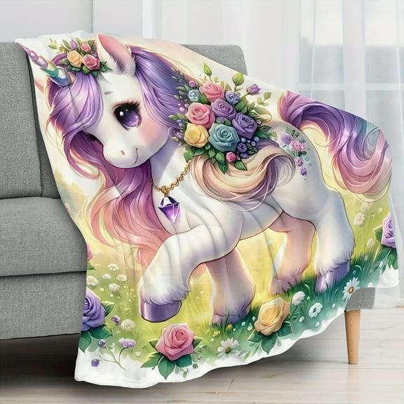 Charming Unicorn Flannel Blanket Soft Skin-Friendly All-Season Cartoon Themed Throw with Anti-Tear Design Digital Print Knit Fabric for Sofa Bed Car Camping Home Decor Purple Meadow Unicorn