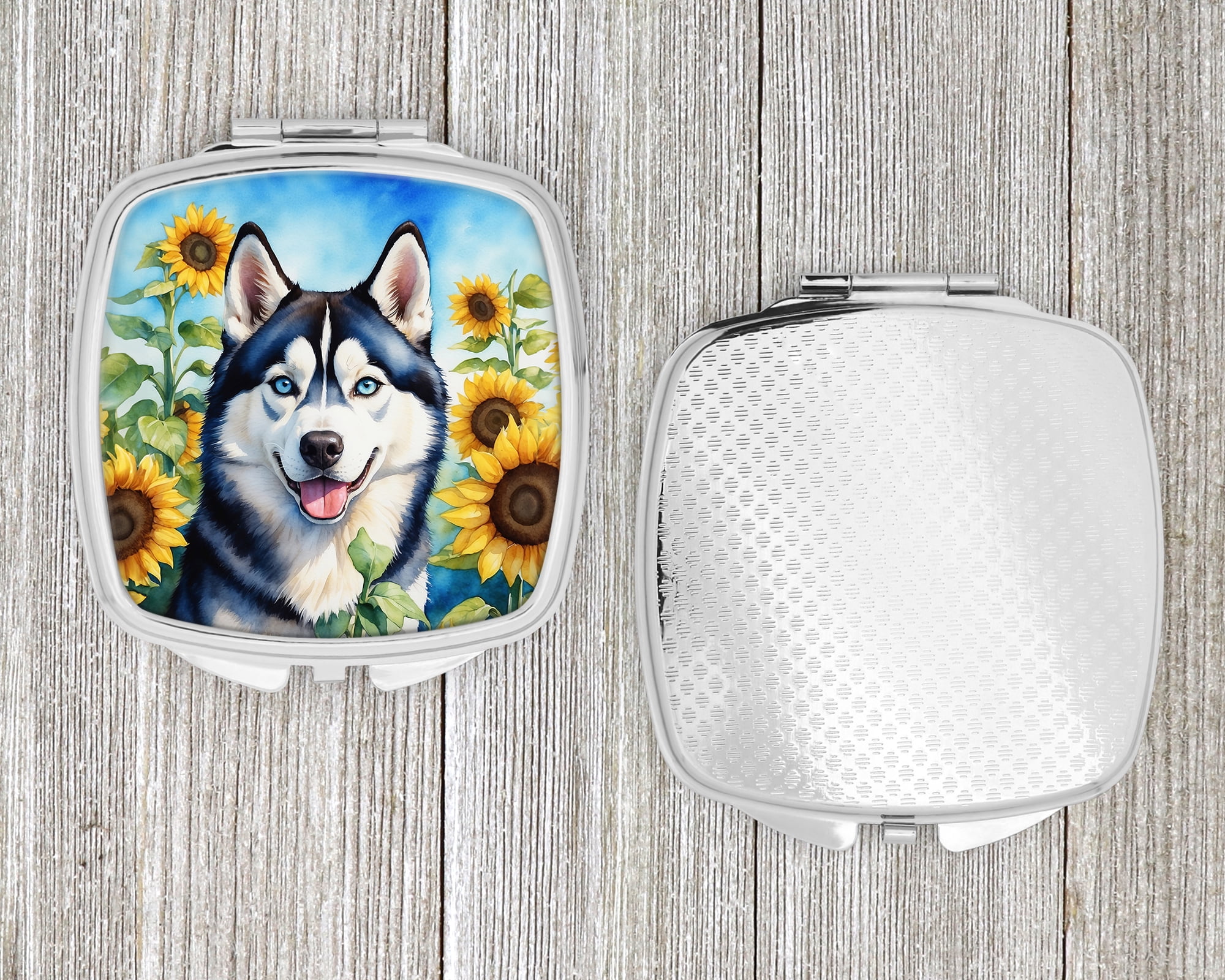 Siberian Husky in Sunflowers Compact Mirror 2.75 in x 3 in