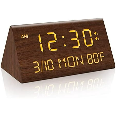 Wooden Digital Alarm Clock, 0-100% Dimmer, 2 Alarm Settings, Weekday/Everyday Mode, 9 Mins Snooze, 12/24H, Temperature and Date Display for Office, Travel, Bedroom Alarm Clock (Brown)