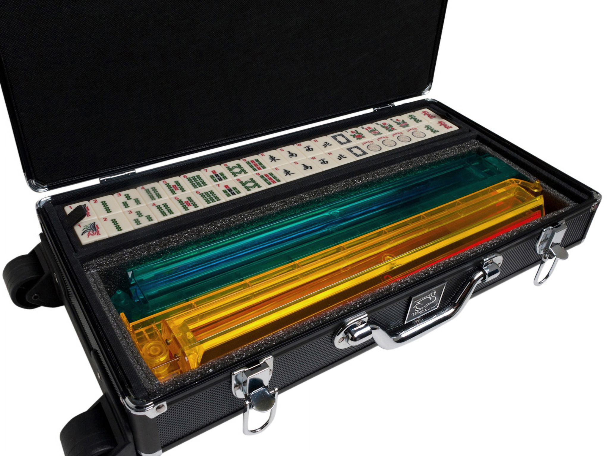 White Swan American Mahjong Set in Wheeled Black Case - Ivory Tiles - Modern Pushers