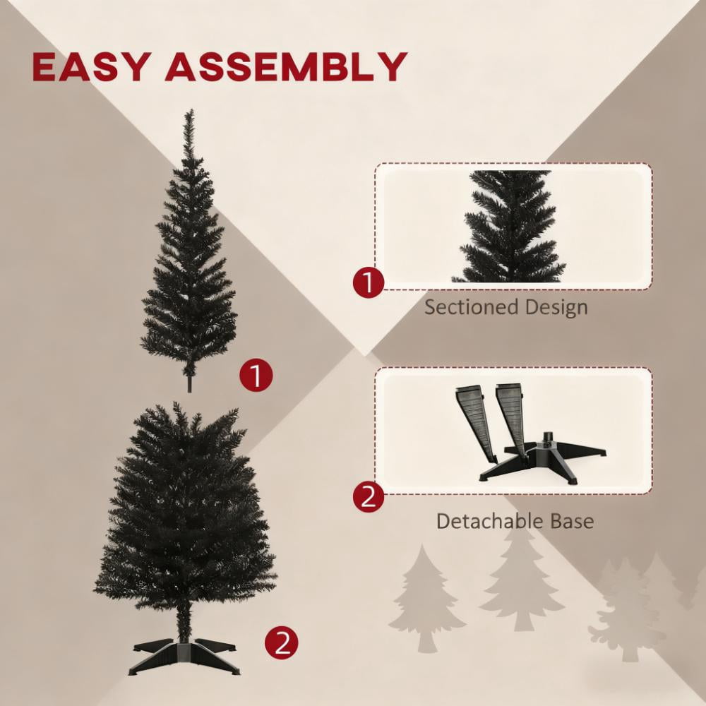 5ft Unlit Black Pencil Christmas Tree 294 Tips Easy Assembly Plastic Base Small Space Holiday Decor