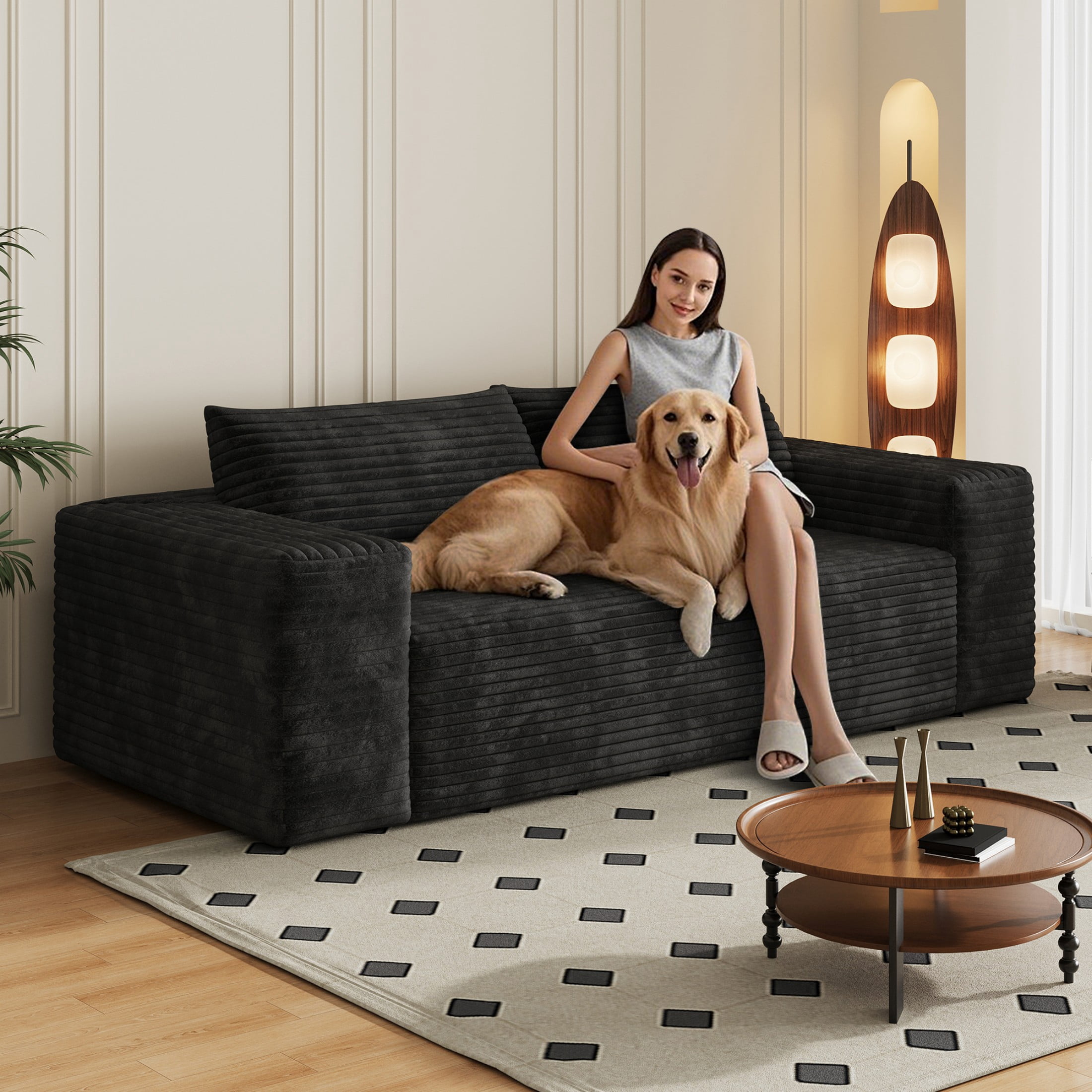 Aukfa 78.8" 3 Seater Couch, Corduroy Upholstered Deep Seat Couch, No Assembly Comfy Sofa for Living Room, Bedroom, Apartment, Black