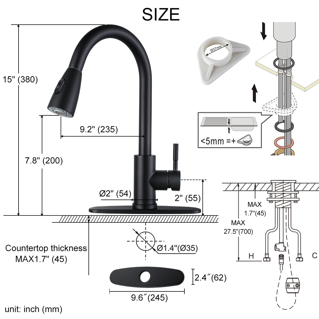 WOWOW Pull Down Kitchen Sink Faucet with Sprayer Stainless Steel Black 1 Handle Kitchen Faucets
