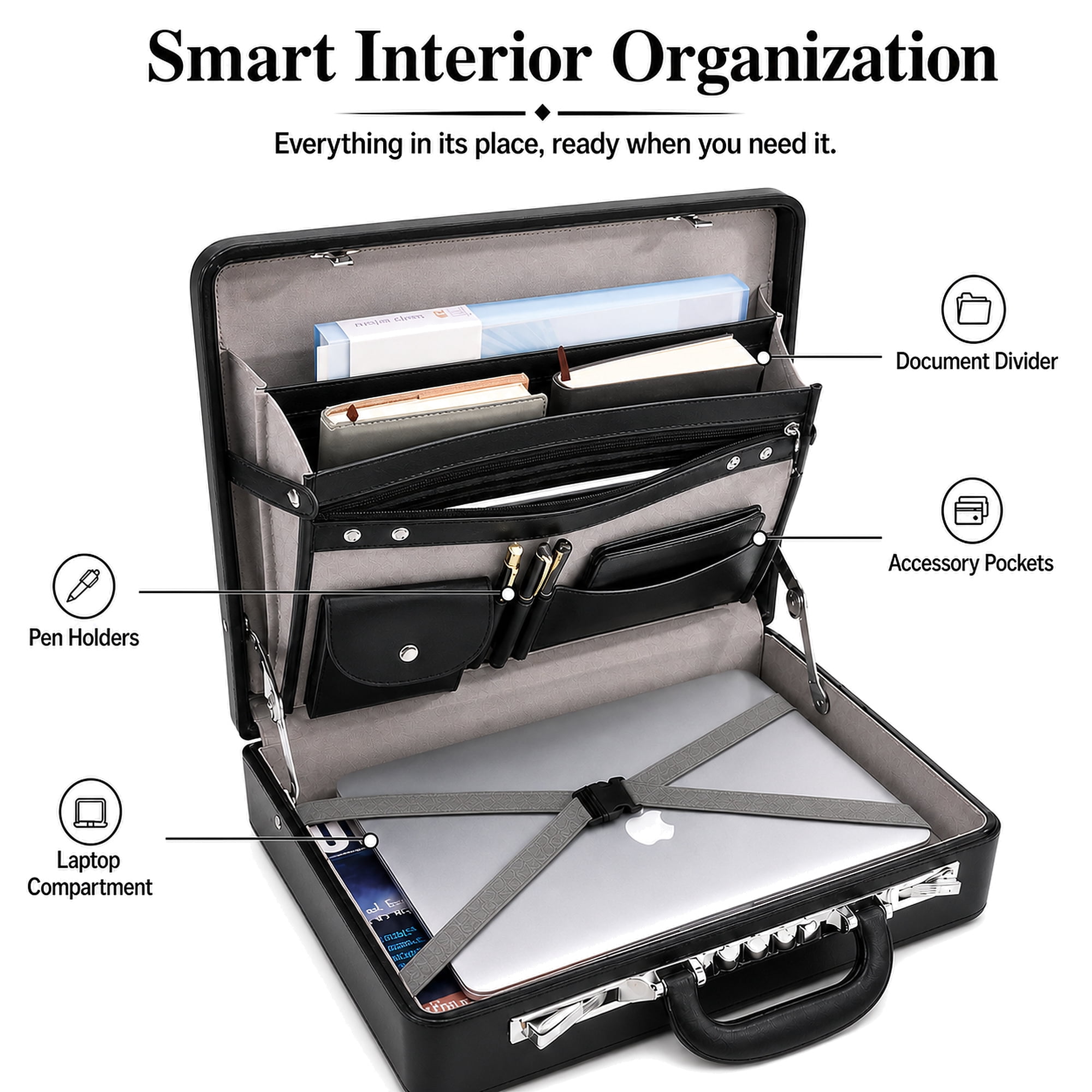 HAESTUS Briefcases for Men, Professional Leather Briefcase with Lock, Hard Shell Business Brief Case, Attache Case for 15.6" Laptop, Mens Hard Briefcase for Work Office Travel, Brown | Center Lock