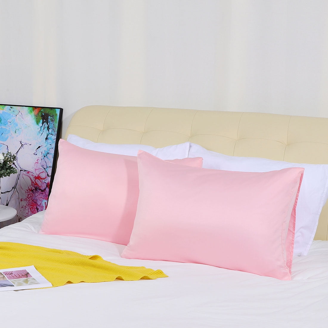 Unique Bargains Silky Satin Pillow Cases Covers Set of 2 Pink Queen