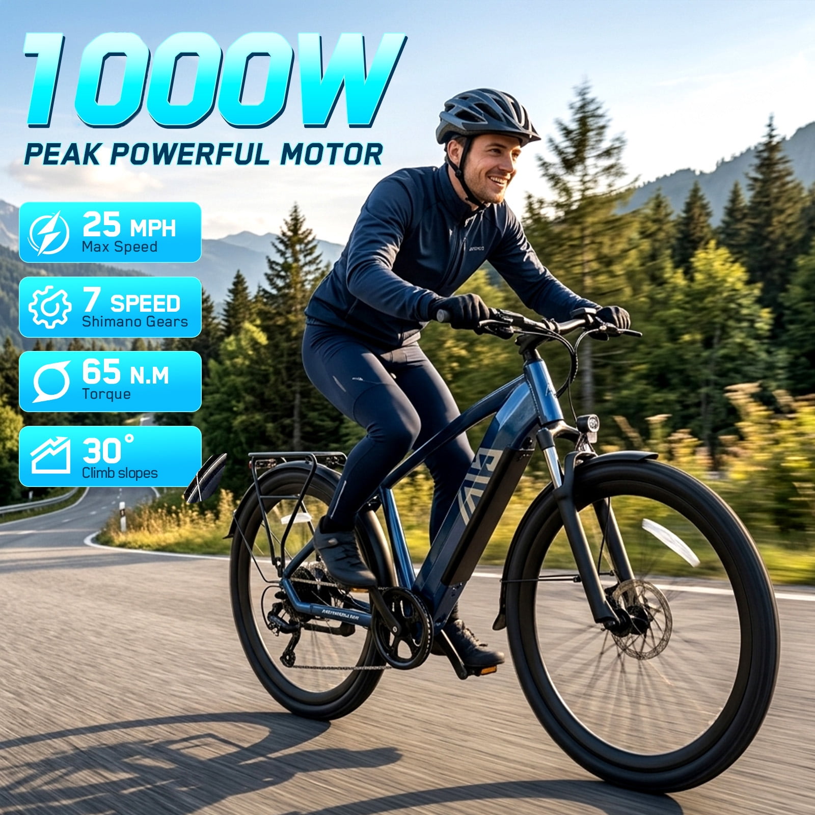 TST Electric Bike for Men, Peak 1000W E Mountain Bike, Electric Bicycle, 27.5" Tire EBike, Hydraulic Disc Brakes, 48V/15Ah Battery UL2849