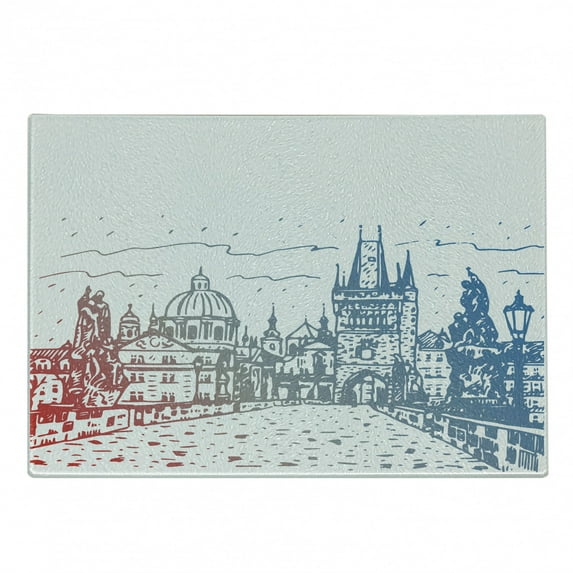 Prague Cutting Board, Charles Bridge View with Architecture Old European Buildings, Decorative Tempered Glass Cutting and Serving Board, in 3 Sizes, by Ambesonne