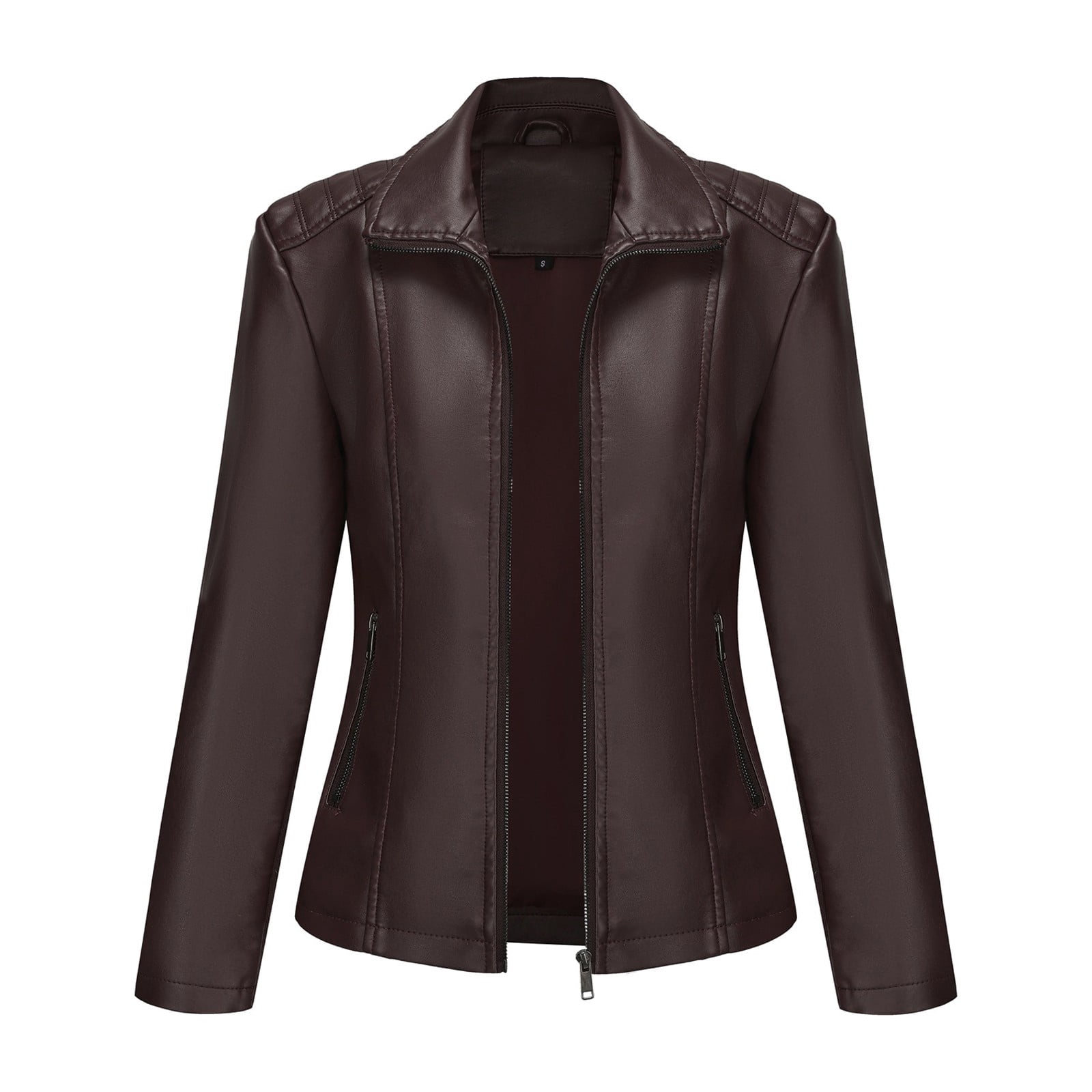 WTOBBY Women's Faux Leather Moto Jacket Short Coat Biker Style Casual Outerwear Solid Color Zippered Front with Stand Collar Edgy Street Look for Night Out,Coffee L