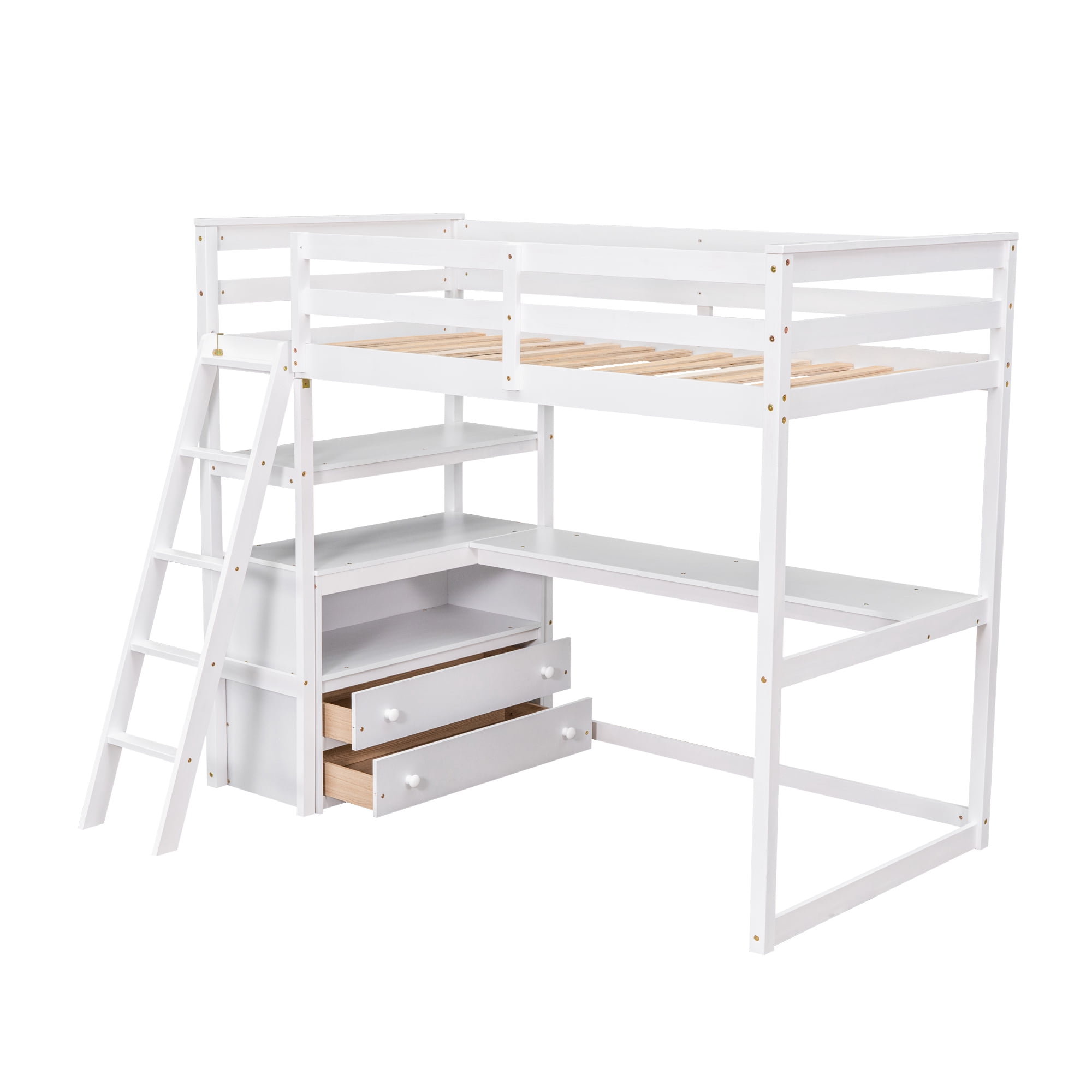 MAYEERTY Twin Size Loft Bed - Desk, Shelves & 2 Built-in Drawers, White