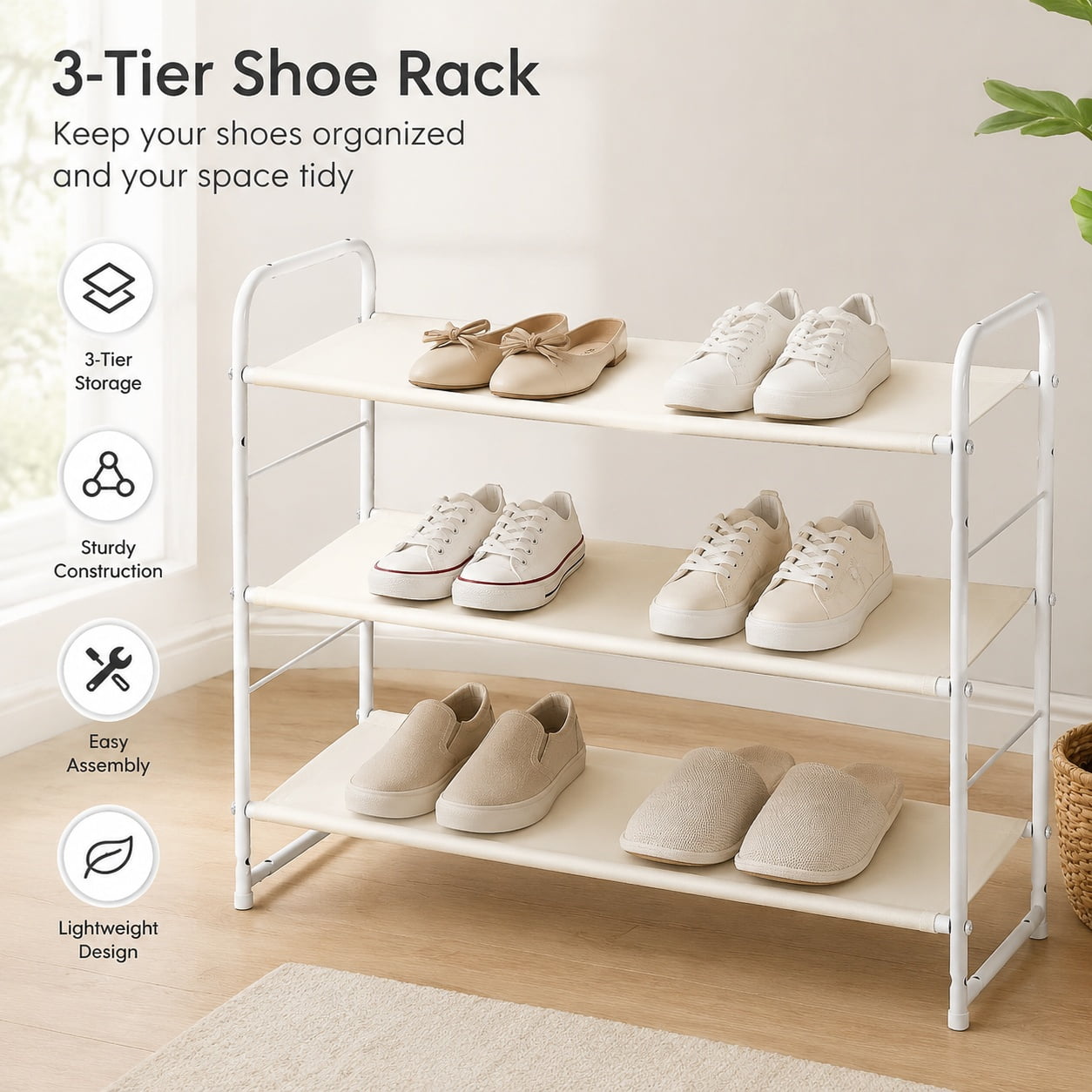 3-Tier Stackable Shoe Rack Expandable & Adjustable Fabric Shoe Shelf Organizer White Storage Solution